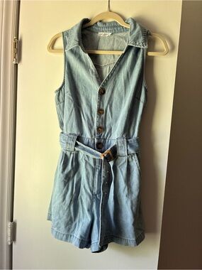 Boutique Light Blue Denim Romper with Belt